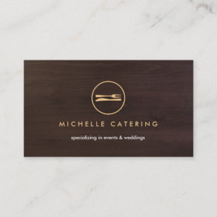 FORK & KNIFE LOGO DESIGN op DONKERBRUINE HOUTKORRE Visitekaartje