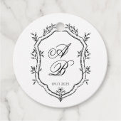 Formal Black & White Floral Monogram Crest Wedding Bedankjes Labels (Voorkant)