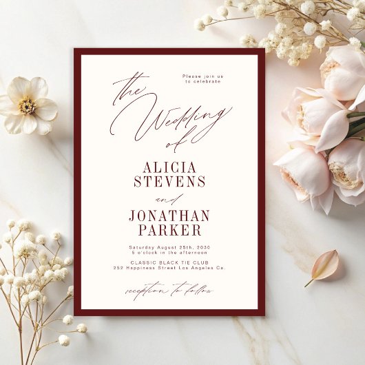 Formal burgundy ivory classic typography wedding kaart