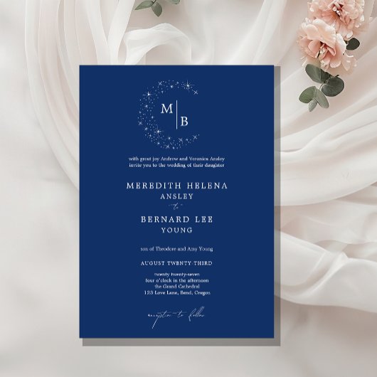 Formal Celestial Elegant Blue Monogram Wedding Kaart
