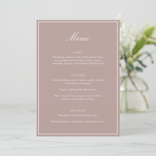 Formal Classic Border Mauve Script Elegant Wedding Menu (Staand voorkant)