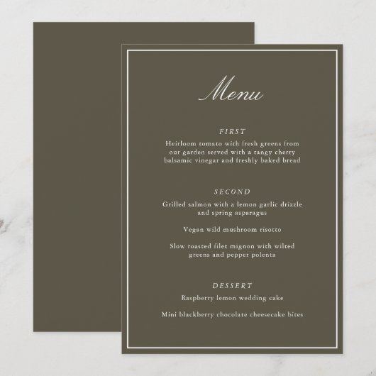 Formal Classic Border Olive Script Elegant Wedding Menu (Voorkant / Achterkant)