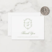 Formal Classic Sage Green Monogram Crest Wedding Notitiekaartje (Voorkant / Achterkant in situ)