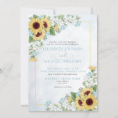 Formal Dusty Blue Sunflower Floral Script Wedding Kaart (Voorkant)