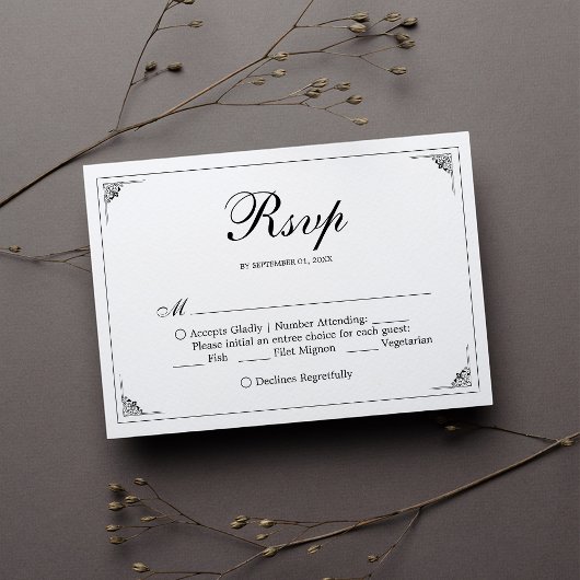 Formal Elegant Noir et Blanc Mariage Carte RSVP