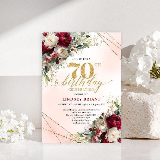 Formal Gold Floral Seventieth Birthday Invitation
