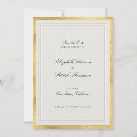 Formal Modern Classic Elevated Gold Ecru Wedding Save The Date (Voorkant)