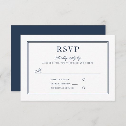 Formal Navy Blue Script Wedding RSVP Card (Devant / Derrière)