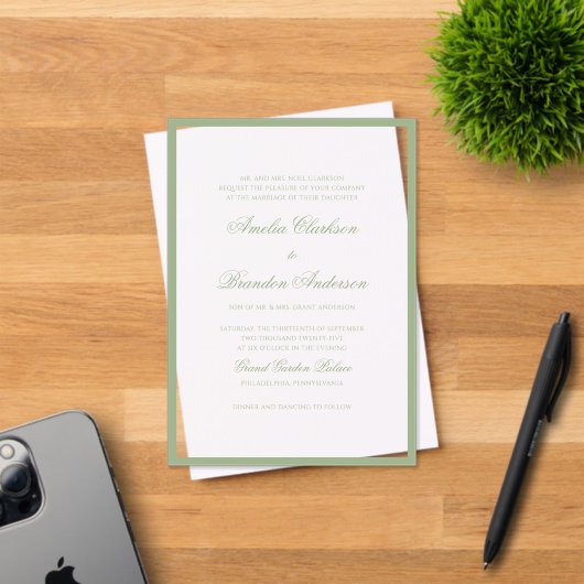 Formal Real Sage Green Border & Script Wedding Acryl Uitnodigingen (Insitu (Uitnodiging))