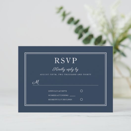 Formal Script Navy Blue Wedding RSVP Card (Debout devant)