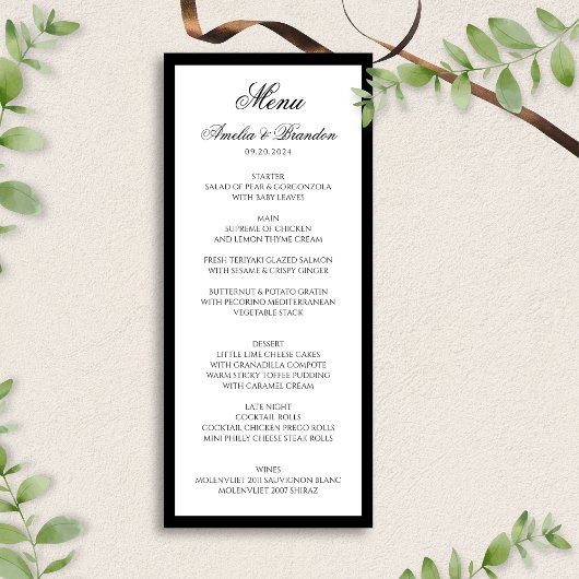 Formeel Klassiek Script Zwart-wit bruiloft Menu