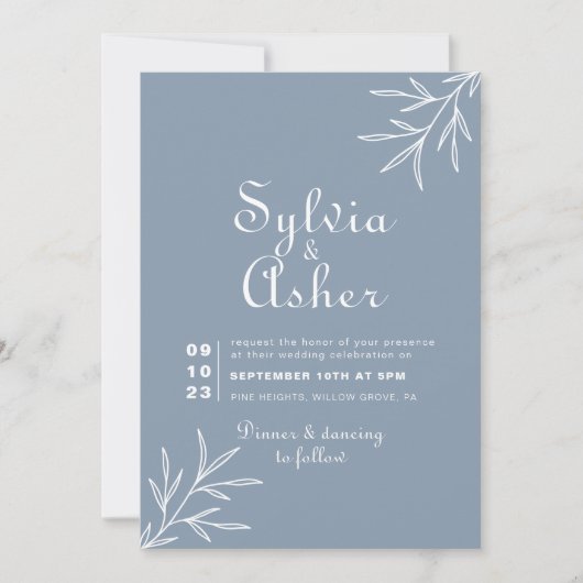 Formeel minimaal Stusty Blue Front and Back Weddin Kaart (Voorkant)