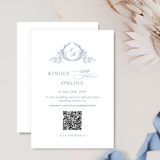 Formeel Monogram Stoffig Blauw QR Code Bruiloft RS Informatiekaartje