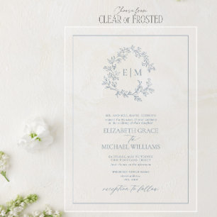 Formeel mosterd blauw leafy Crest Monogram Weddens Acryl Uitnodigingen