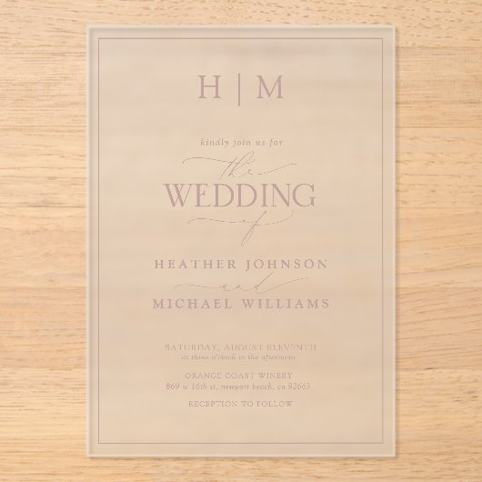 Formeel mosterd Roos monogram kalligrafie bruiloft Acryl Uitnodigingen (Voorkant)