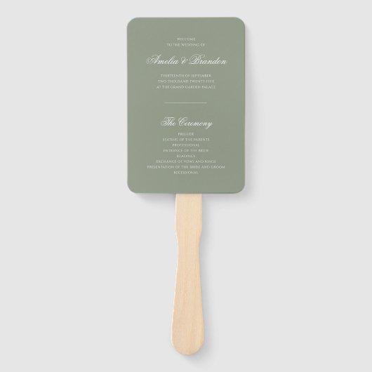 Formeel Sage Green & White Script Wedding Programm Handwaaier (Voorkant)