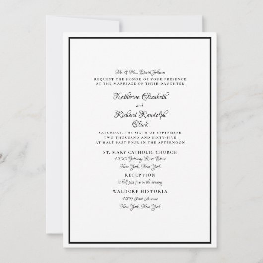 Formeel wit en zwart huwelijk elegant script kaart (Voorkant)