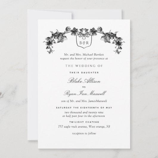 Formeel wit en zwart monogram bruiloft kaart (Voorkant)