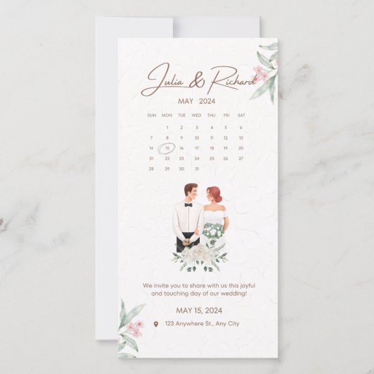 Formele beige en groene bloemige trouw uitnodiging (Voorkant)