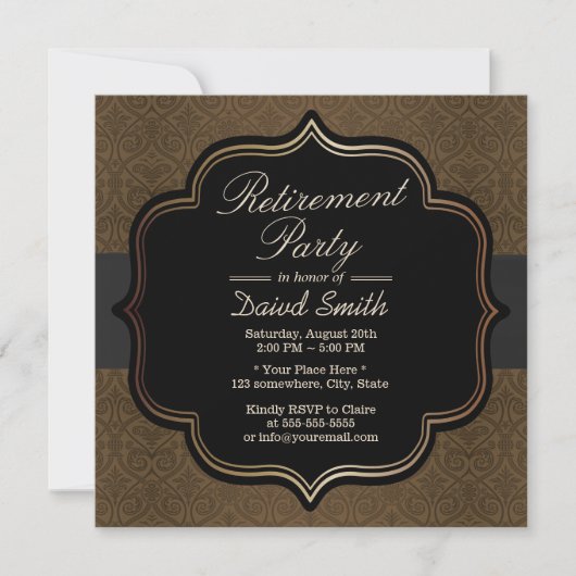 Formele Black Ribbon Brown Damask Retirement Party Kaart (Voorkant)