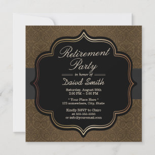 Formele Black Ribbon Brown Damask Retirement Party Kaart