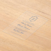 Formele Blauwe Bloemen Monogram Crest & Script Wed Acryl Uitnodigingen (Laagn)