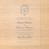 Formele Blauwe Bloemen Monogram Crest & Script Wed Acryl Uitnodigingen (Voorkant)