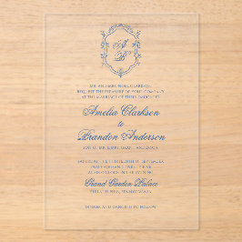 Formele Blauwe Bloemen Monogram Crest & Script Wed Acryl Uitnodigingen
