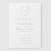 Formele Blauwe Bloemen Monogram Crest & Script Wed Vellum Uitnodigingen (Voorkant)