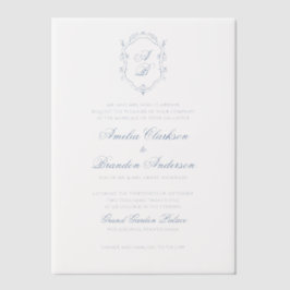 Formele Blauwe Bloemen Monogram Crest & Script Wed Vellum Uitnodigingen