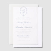Formele Blauwe Bloemen Monogram Crest & Script Wed Vellum Uitnodigingen (Offset)