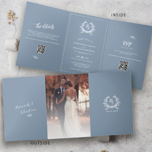 Formele blauwe foto QR-code RSVP huwelijksdetails Drieluik Kaart
