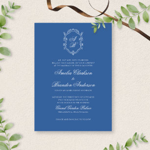 Formele Blue Leaf Monogram Crest & Script Wedding Kaart