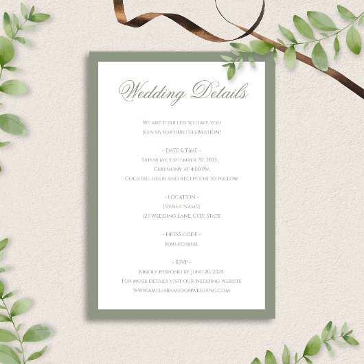 Formele Classic Sage Green Border Wedding Details Informatiekaartje
