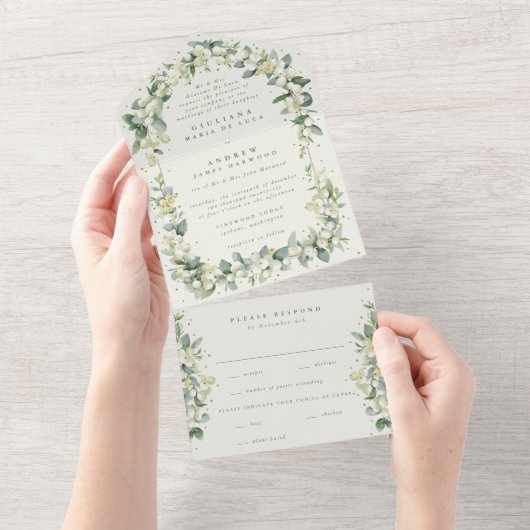 Formele Crème Snowberry+Eucalyptus Winter Bruiloft All In One Uitnodiging (Afscheurbaar)