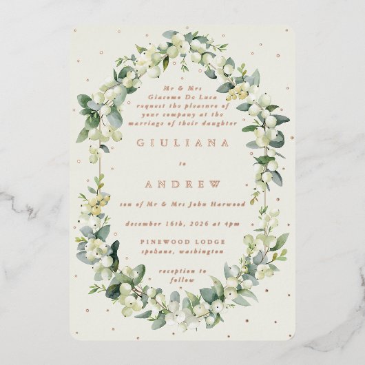 Formele Crème Snowberry+Eucalyptus Winter Bruiloft Folie Uitnodiging (Voorkant)