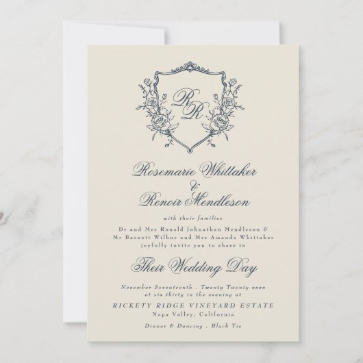 Formele Crest Cream & Navy Monogram Huwelijk Kaart (Voorkant)