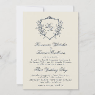 Formele  Crest Cream & Navy Monogram Huwelijk Kaart