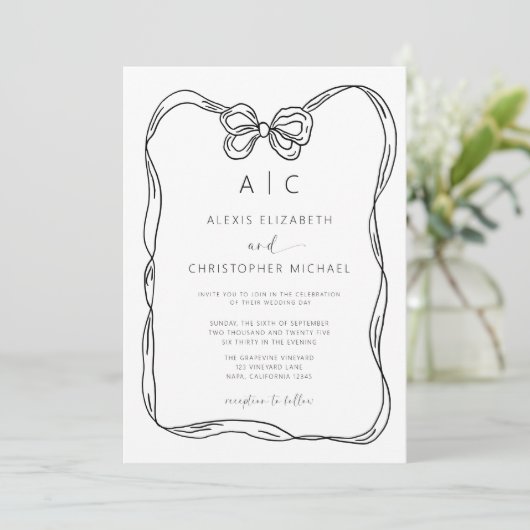 Formele Elegant Zwart-wit Bow Monogram QR Code Kaart (Staand voorkant)