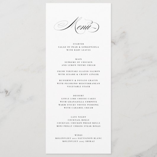 Formele Elegante Kalligrafie Zwart Stropdas Bruilo Menu (Voorkant)