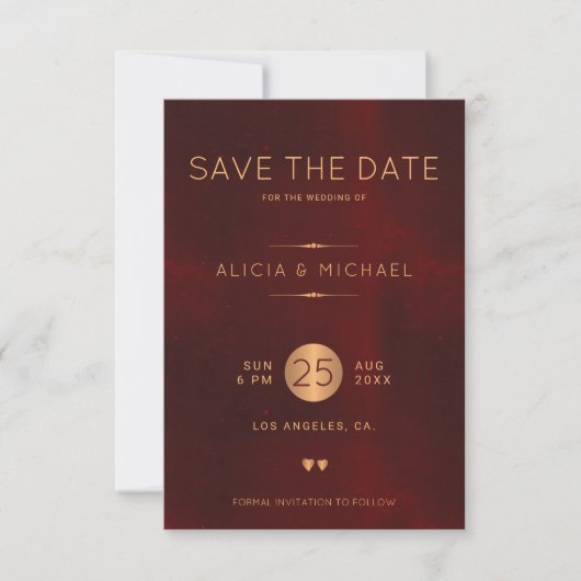 Formele elegante luxe bordeaux gouden bruiloft save the date (Voorkant)