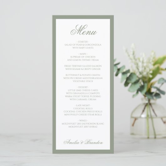 Formele Elegante Sage Green Border Script Wedding Menu (Staand voorkant)