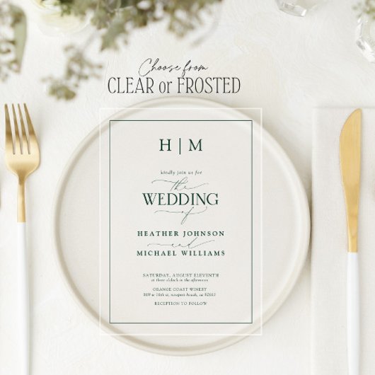 Formele Emerald Green Monogram Calligraphy Wedding Acryl Uitnodigingen