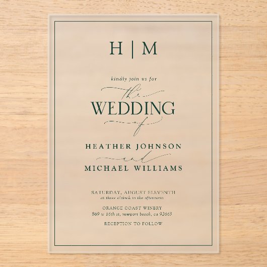 Formele Emerald Green Monogram Calligraphy Wedding Acryl Uitnodigingen (Voorkant)