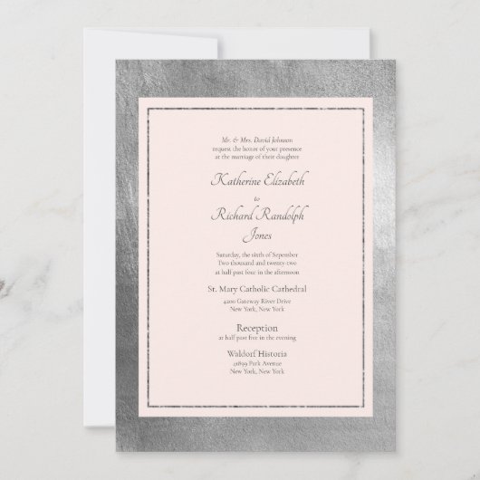 Formele en legante bruiloft roze en zilver uitnodi kaart (Voorkant)