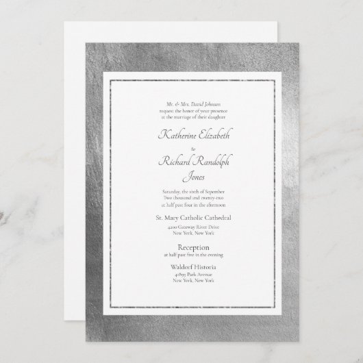 Formele en legante bruiloft White & Silver Invitat Kaart (Voorkant / Achterkant)