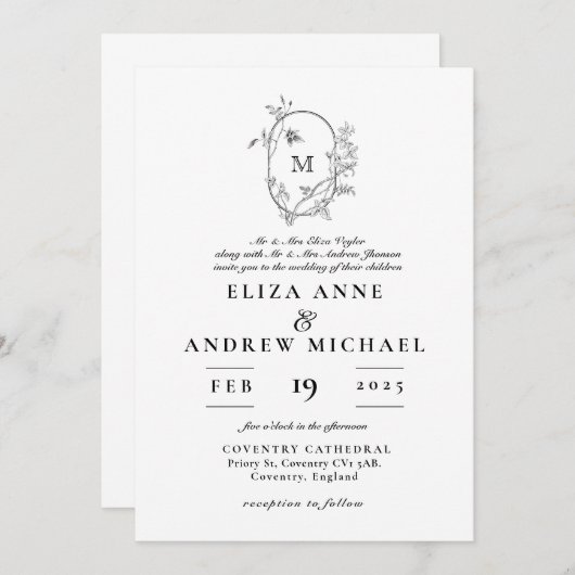 Formele Floral Crest Monogram Weddenschap Kaart (Voorkant / Achterkant)
