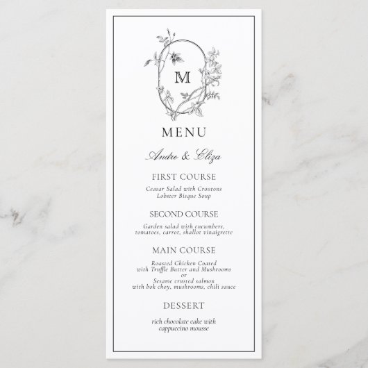 Formele Floral Crest Monogram Weddenschap Menu (Voorkant)