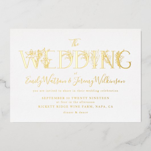 Formele Gold Floral Letters Wedding Folie Uitnodiging (Voorkant)