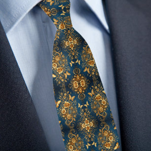 Formele gouden diepe blauwe bloemboeketten vlinder stropdas